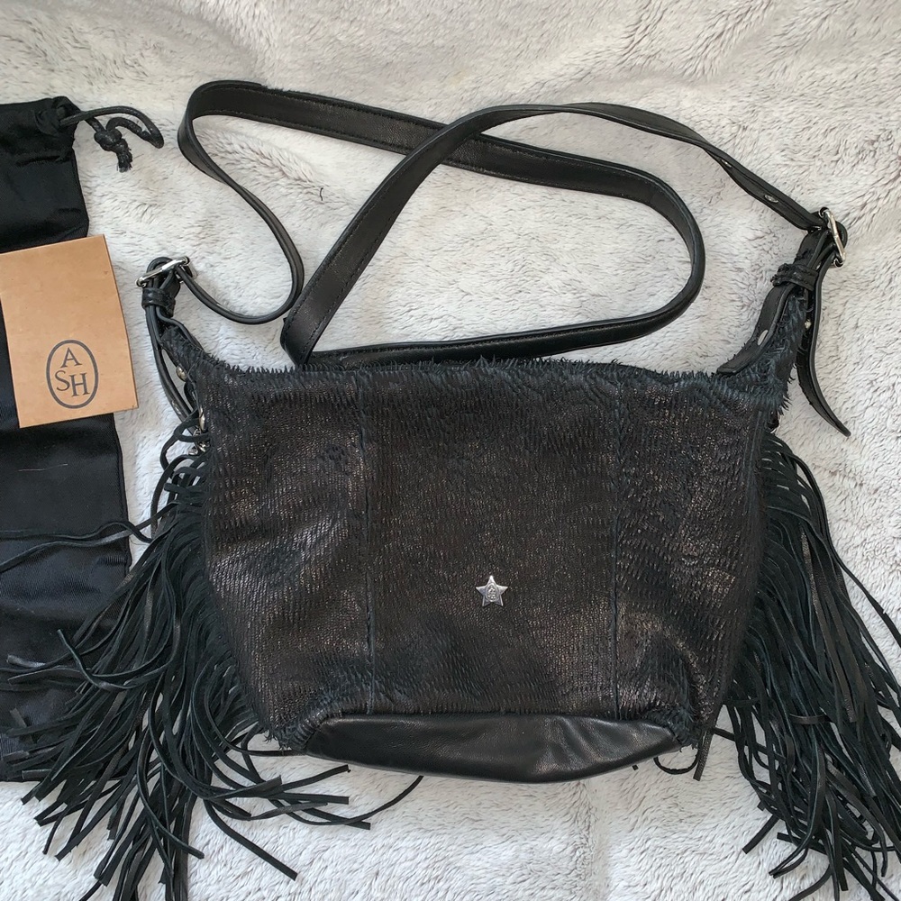 Ash BO Fringed Hobo Bag Black Suede